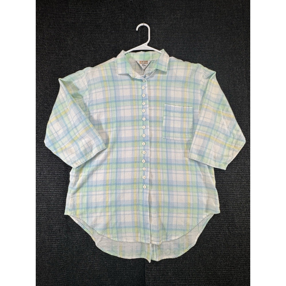 Vtg Topson Downs Women's Pastel Plaid Button Up Shirt Green Blue White Flannel L